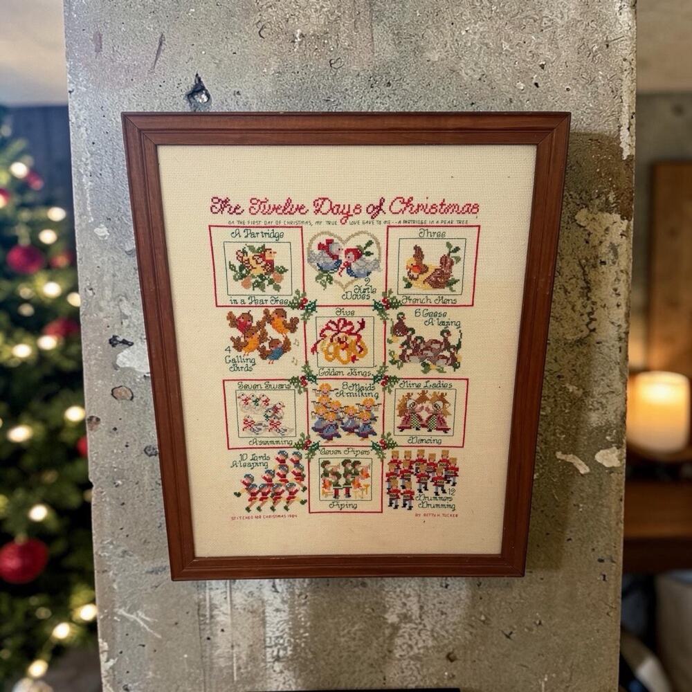 Vintage 12 Days of CHRISTMAS Cross-Stitch FRAMED 1984 22” X 18” Wall Art 3672/C